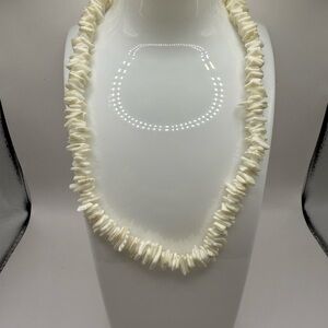 Faux Puka Shell Piece White Beads Choker Necklace Approximately 16"